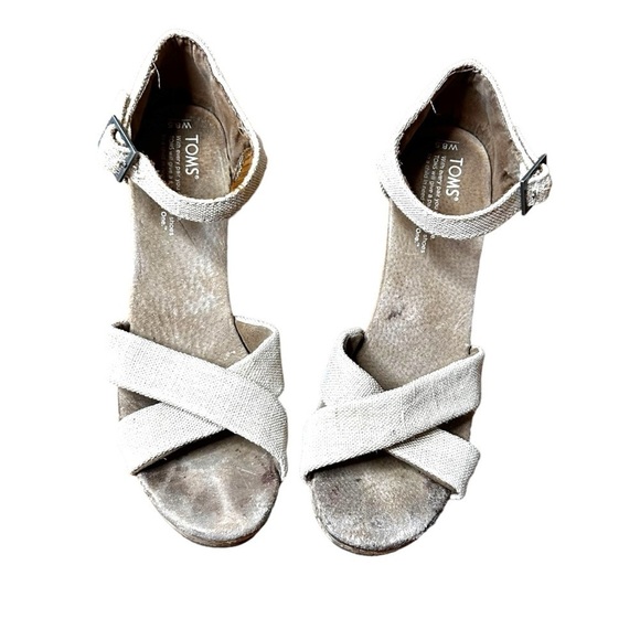 Toms Women's 8.5 Clarissa Wedge Heel Sandal Natural Linen & Cork Ankle Strap - Picture 4 of 9